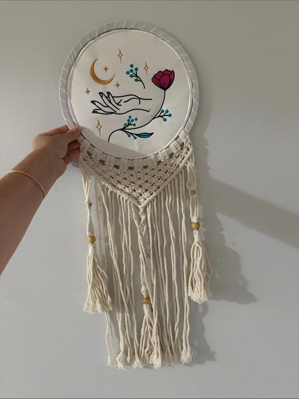 Bohemian Cream Macrame Wall Hanging with Floral witchy Embroidery